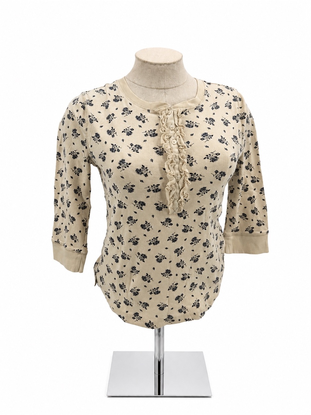 Chaps Floral Ruffle Henley Top Cream Blue 3/4 Sleeve Size Small Coquette